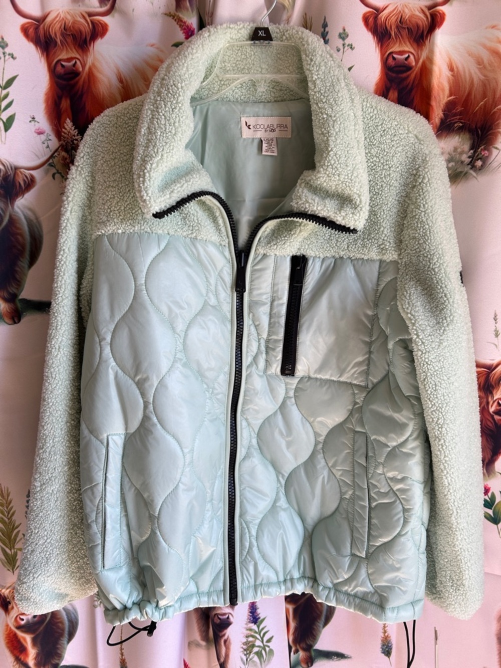 UGG Women’s Mint Green Puffer Jacket with Faux Fur Sherpa